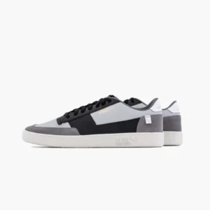 a pair of grey and white shoes