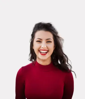 a woman in a red shirt